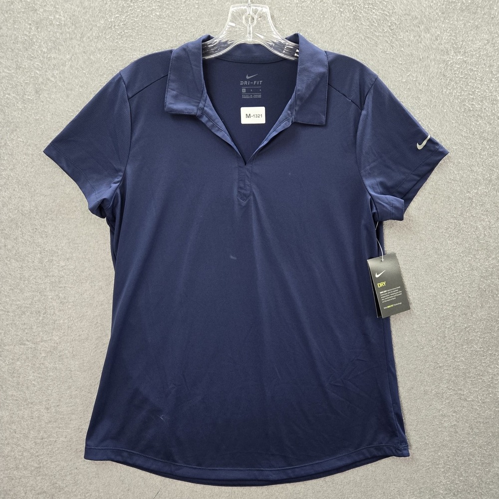 Nike Women Polo Shirt L Navy Blue Activewear Logo Dri Fit Swoosh Collar NWT